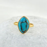 Gemstone Ring, Silver Ring, Copper Blue Turquoise Marquise 9x14mm Micron Gold Plated 925 Sterling Silver Bezel Ring For Birthday
